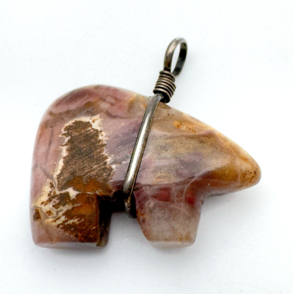 Sterling Silver Carved Jasper Bear Fetish Pendant Southwestern - Picture 2 of 5
